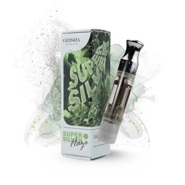 CBDカートリッジ Super Shilver Haze のパッケージ（緑）とカートリッジ